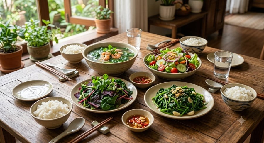Kết hợp nhiều loại rau trong bữa ăn giúp tăng lượng chất xơ, bổ sung nước và hỗ trợ hệ tiêu hóa hoạt động hiệu quả.