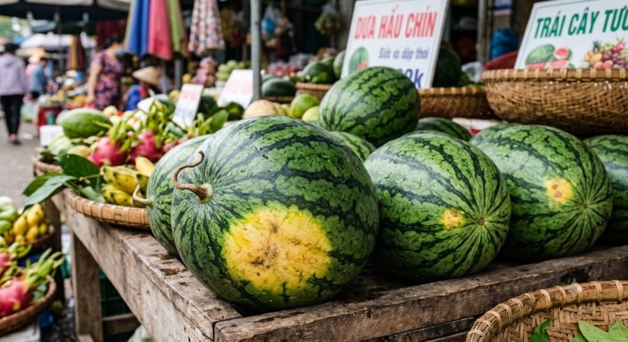Vết vàng dưới đáy là một trong những dấu hiệu giúp nhận biết dưa hấu chín cây và có vị ngọt.