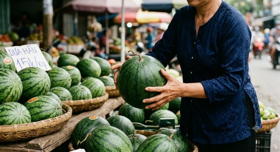 Ngoài việc gõ vỏ, hãy quan sát cuống, hình dáng và trọng lượng để tăng khả năng chọn được quả dưa ngon.