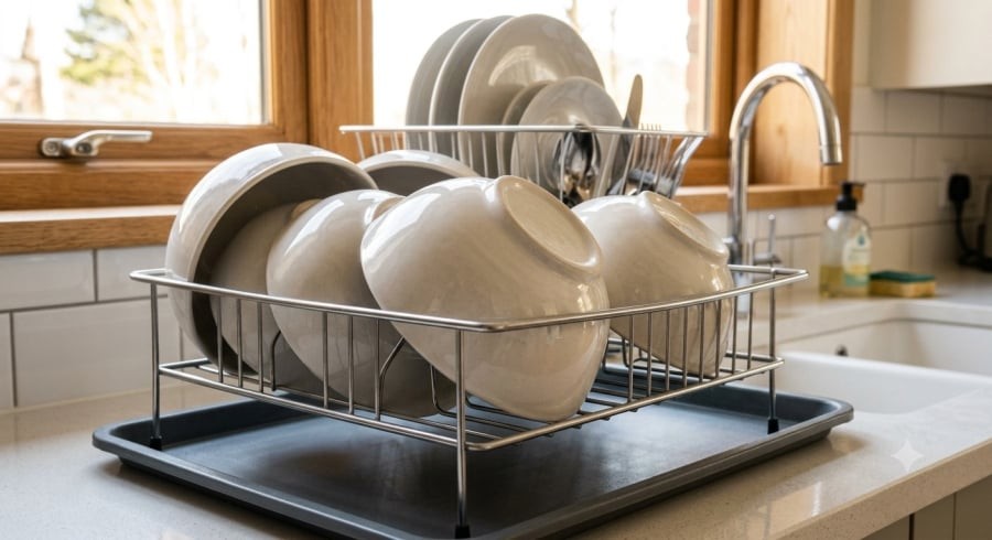 Giá úp sạch, thông thoáng và được vệ sinh định kỳ giúp bát đĩa khô nhanh, hạn chế vi khuẩn và nấm mốc.