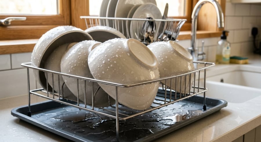 Úp bát khi còn nhiều nước có thể khiến hơi ẩm lưu lại lâu hơn nếu giá úp không thông thoáng.