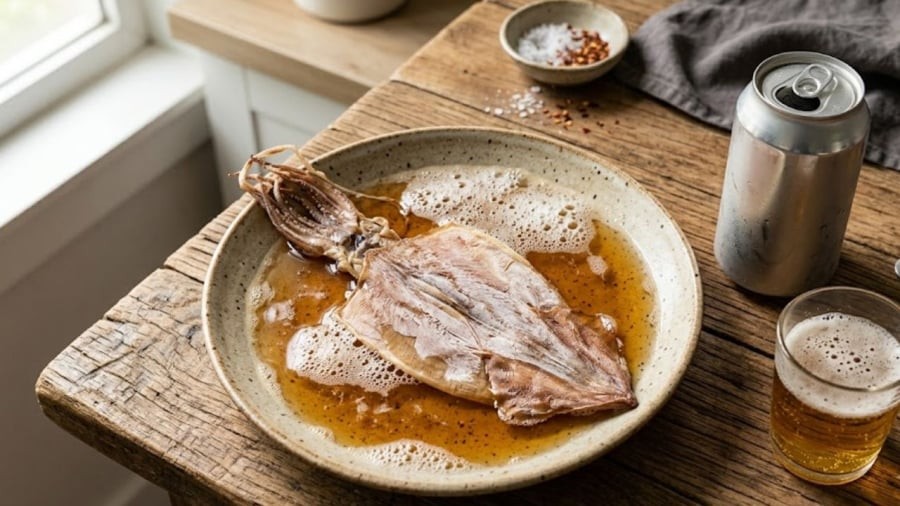 Ngâm mực khô trong bia trước khi nướng giúp thớt thịt mềm hơn, không bị khô dai.