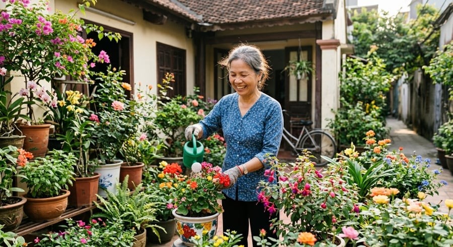Hạnh phúc tuổi già nhiều khi bắt đầu từ những niềm vui bình dị như chăm sóc khu vườn, tận hưởng từng khoảnh khắc của cuộc sống.