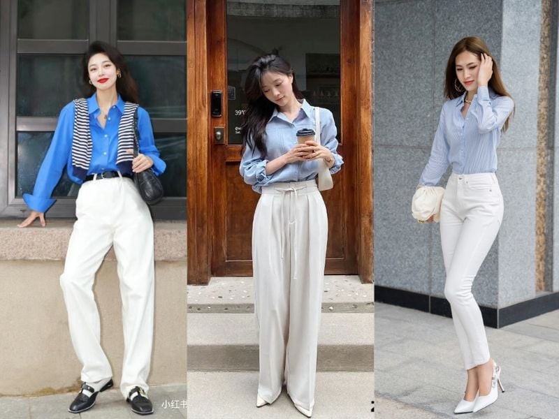 Với những người có chiều cao khiêm tốn, nên ưu tiên các mẫu quần cạp cao kết hợp cùng chiều dài vừa chạm mắt cá chân hoặc phủ nhẹ phần mu bàn chân. 