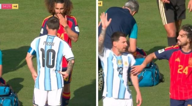 Messi tố trọng tài việc Cucurella dùng tay che miệng. Ảnh: Tribuna.