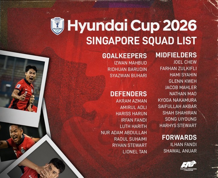 Danh sách 25 cầu thủ Singapore tham dự ASEAN Cup 2026. Ảnh: FAS.