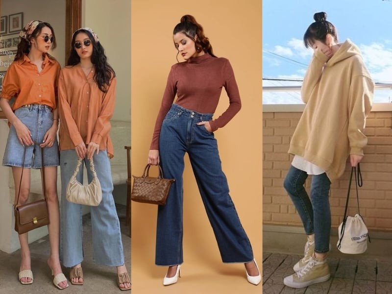 Sự đối lập giữa chất liệu jeans khỏe khoắn và sắc nâu trầm ấm giúp bộ trang phục trở nên cân bằng, vừa năng động vừa trưởng thành.