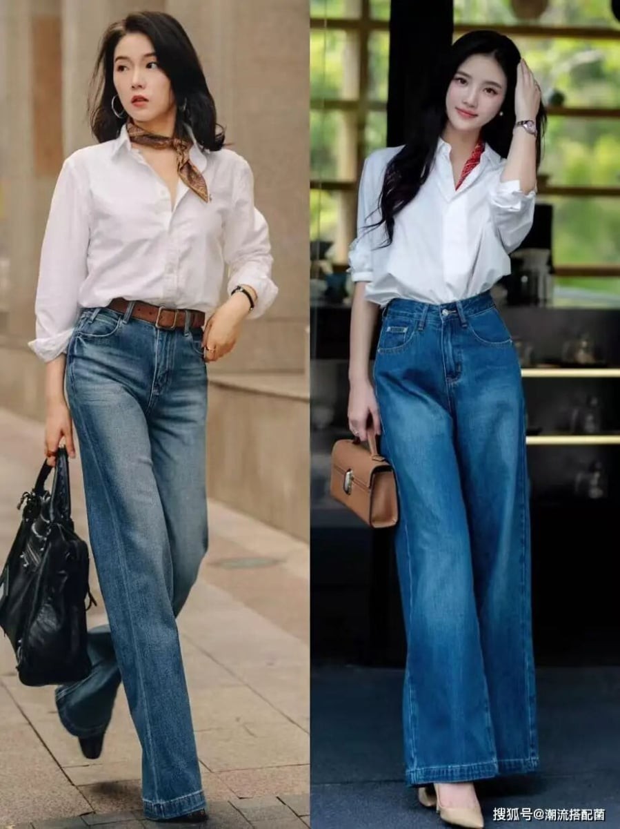 Chất liệu denim giúp bộ trang phục trở nên trẻ trung hơn nhưng vẫn giữ được nét thanh lịch vốn có của áo sơ mi.