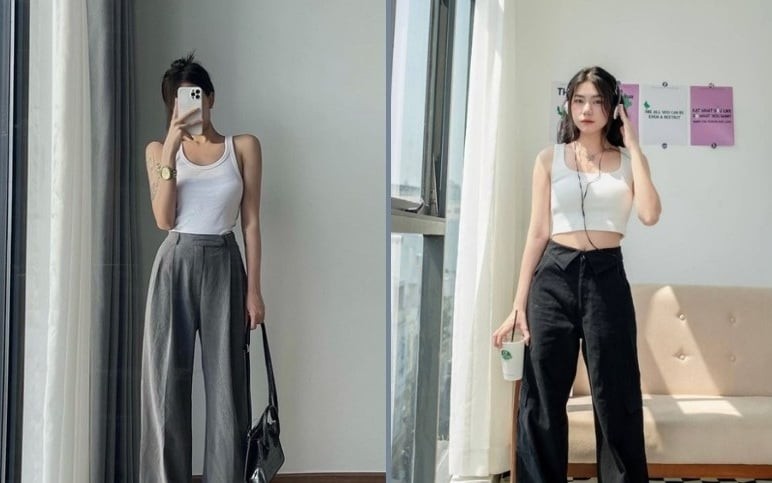 Không chỉ phù hợp để đi chơi, áo ba lỗ còn có thể xuất hiện trong môi trường công sở khi kết hợp cùng quần tây ống rộng.

