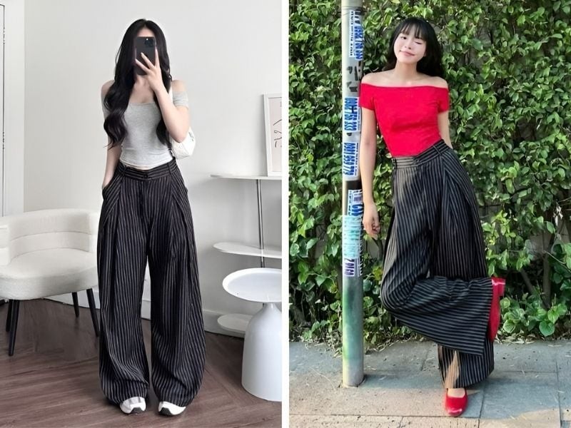 Trong các buổi dạo phố hoặc kỳ nghỉ mùa hè, quần sọc dọc cũng dễ dàng kết hợp với áo hai dây, áo tank top hay croptop. 