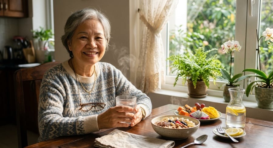 Uống một cốc nước ấm sau khi thức dậy giúp người cao tuổi bù nước, hỗ trợ hệ tiêu hóa và khởi động cơ thể nhẹ nhàng.