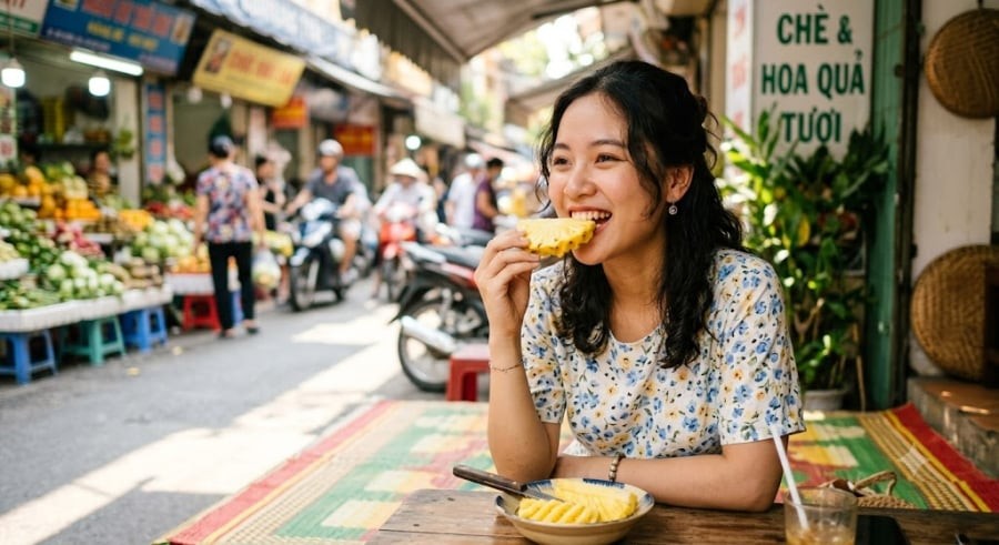 Sau khi gọt vỏ và cắt miếng, hãy ngâm dứa vào bát nước đun sôi để nguội có pha chút muối nhạt trong khoảng 10 - 15 phút.