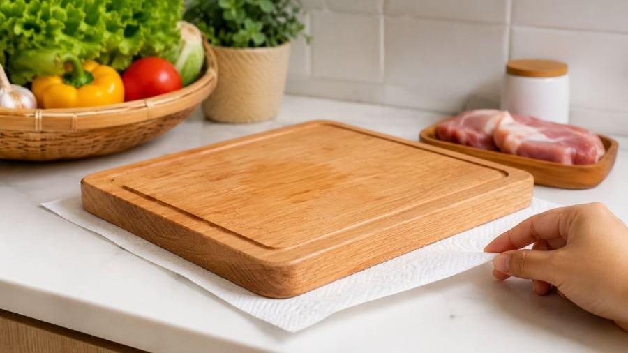 Đặt khăn giấy dưới thớt mang lại nhiều công dụng khi làm bếp