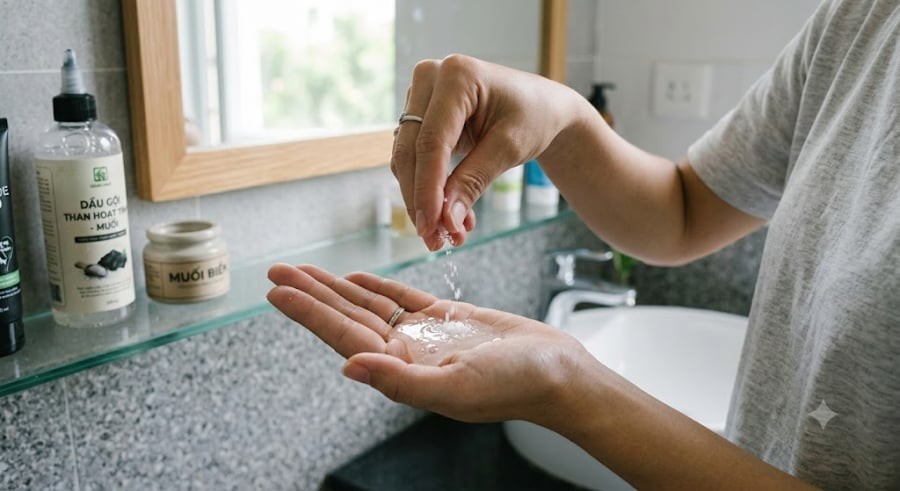 Nguyên nhân chính khiến tóc nhanh bết là do tuyến bã nhờn trên da đầu hoạt động quá mức. Muối biển có khả năng hút dầu thừa và điều tiết hoạt động của tuyến bã nhờn rất tốt. 