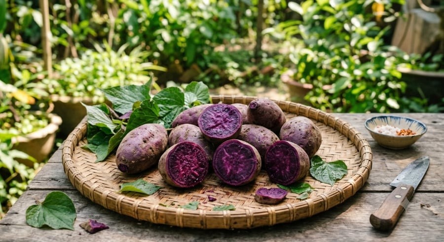 Khoai lang tím giàu anthocyanin – hợp chất chống oxy hóa đang được nghiên cứu về khả năng hỗ trợ cải thiện chuyển hóa chất béo và sức khỏe gan.