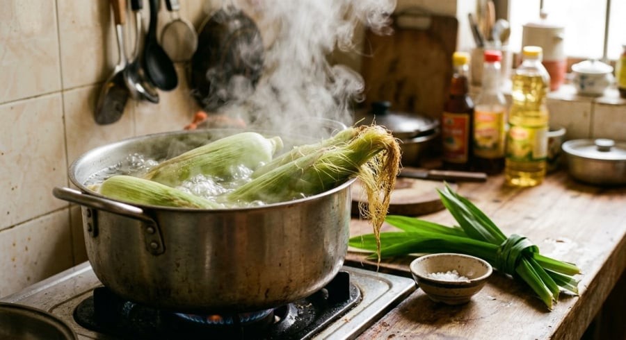 Giữ lại lớp vỏ non, râu ngô và thêm một nhúm muối là mẹo giúp ngô giữ được vị ngọt tự nhiên mà không cần cho đường.