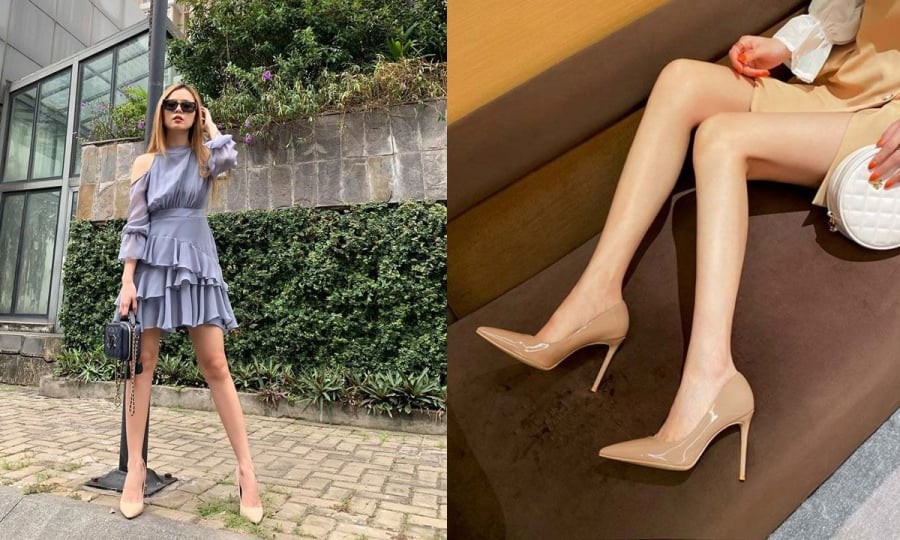  Màu nude giúp tổng thể trở nên nhẹ nhàng, không tạo cảm giác nặng nề như giày tối màu nhưng vẫn đủ tinh tế để nâng tầm bộ trang phục.