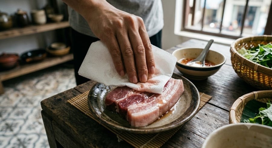 Thịt lợn bị bơm nước tràn lan khiến người đi chợ lo lắng. Để kiểm tra, hãy lấy một tờ giấy ăn lau nhẹ lên bề mặt miếng thịt rồi thử đốt:

