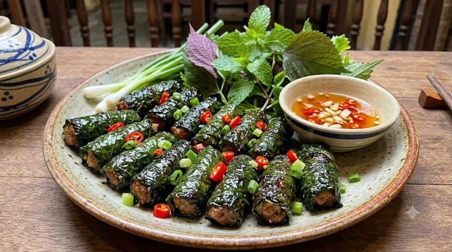 Thực ra, bí quyết để miếng chả giữ được màu xanh bóng mắt và nhân thịt mềm ngọt nằm ở tỷ lệ pha thịt cùng 1 bước chần lá cực nhanh trước khi cuốn.

