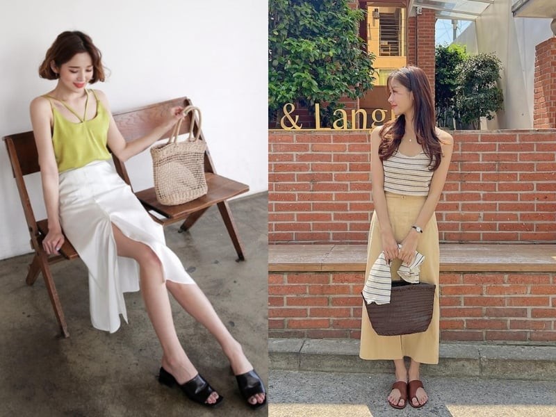 Cạp váy nên nằm ở vị trí cao trên eo, thân váy ôm vừa phải rồi xòe nhẹ ở phần gấu để tạo cảm giác cơ thể cân đối và mềm mại.