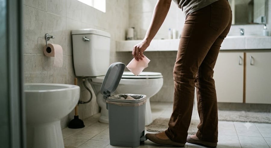 Dù biết xả xuống bồn cầu là sạch nhất, nhiều người vẫn e ngại nguy cơ tắc nghẽn. 
