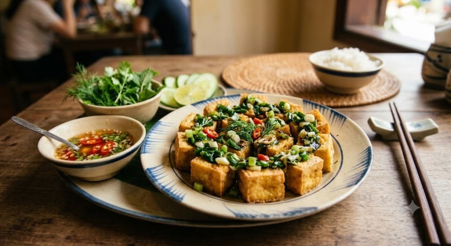 Không chỉ xuất hiện trên mâm cơm gia đình, đậu phụ tẩm hành còn là món khoái khẩu của dân sành ăn nhờ vị béo ngậy của mỡ hành hòa quyện cùng lớp vỏ đậu giòn rụm.

