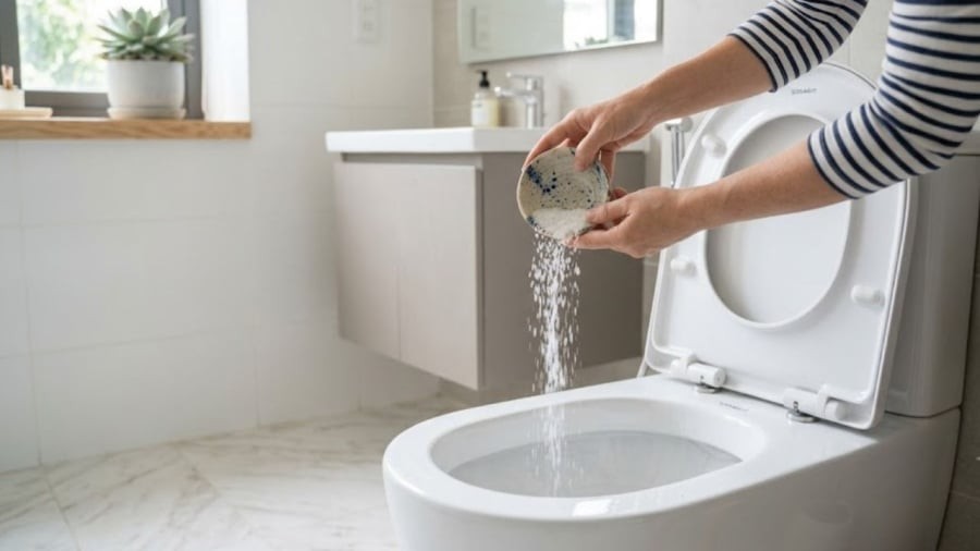 Việc đổ muối vào bồn cầu giúp làm sạch bề mặt, loại bỏ các vết bẩn, vết ố vàng nhẹ.