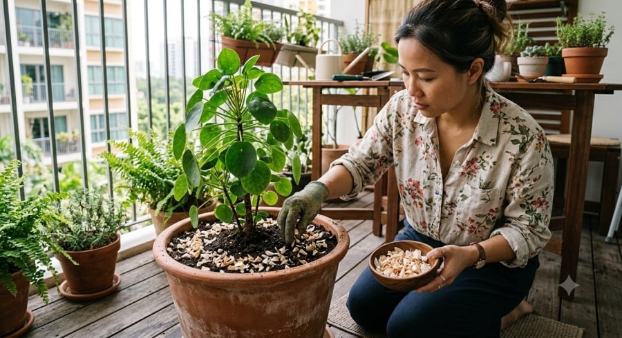Vỏ tỏi có thể được rải quanh gốc cây để bổ sung chất hữu cơ khi phân hủy.