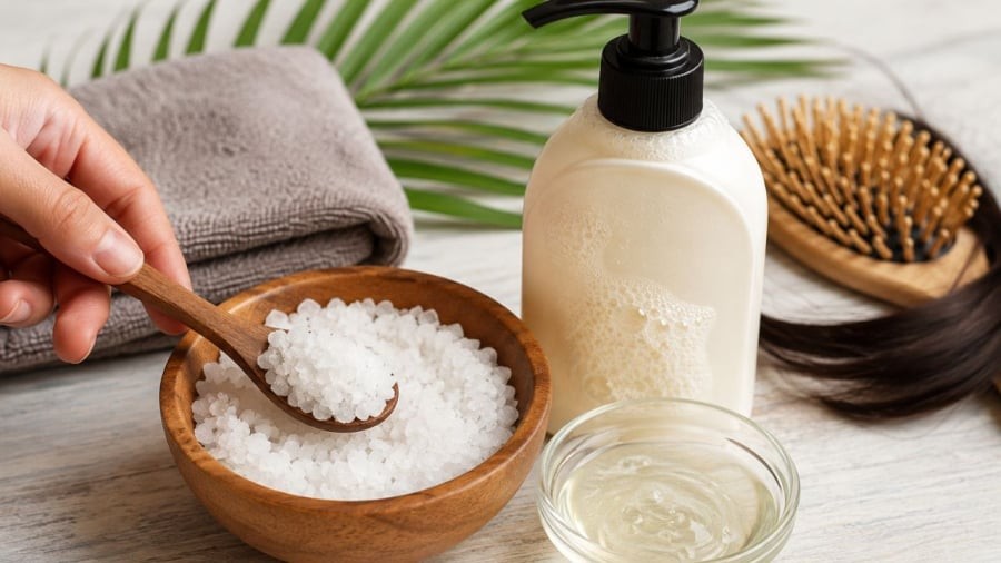 Muối và dầu gội giúp làm sạch da đầu hơn