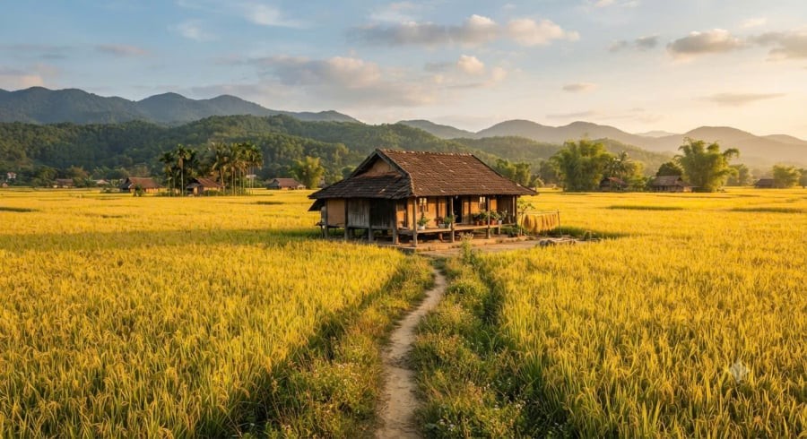Ngôi nhà trên cánh đồng lúa chín