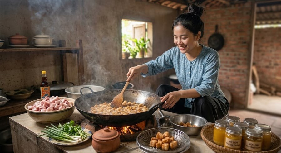 Thay vì chỉ thái mỡ rồi cho trực tiếp vào chảo rán khô, cách làm này rất dễ khiến mỡ bị cháy bén đáy chảo, làm mỡ ngả màu vàng ố và mất đi độ thơm thanh.

