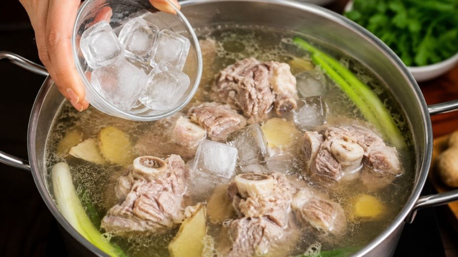 Thả đá lạnh vào nồi canh xương là một mẹo hay