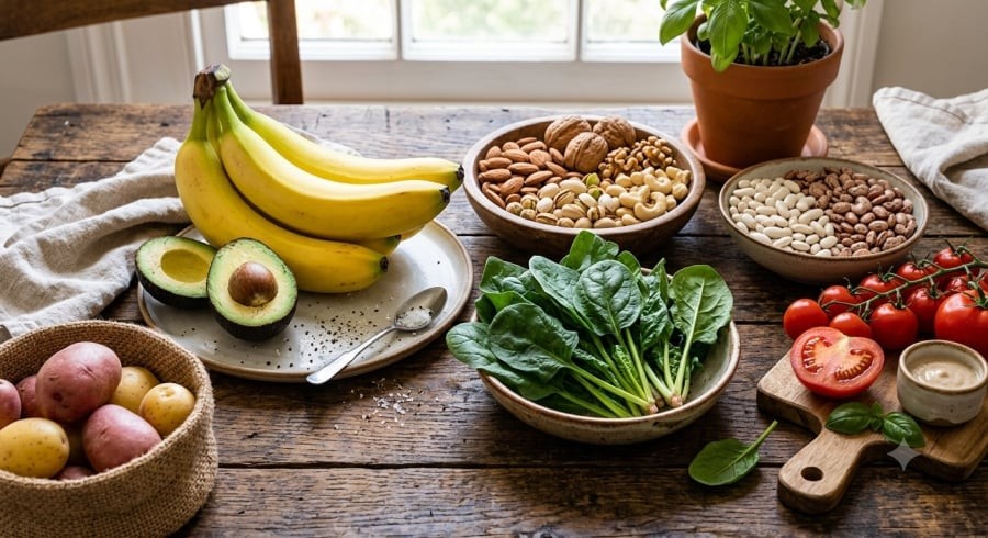 Nhiều loại rau củ, trái cây và các loại đậu là nguồn cung cấp kali tự nhiên, góp phần hỗ trợ sức khỏe thận khi được bổ sung hợp lý.