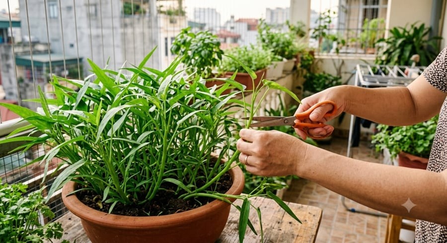 Chăm sóc đúng cách và cắt ngọn hợp lý giúp rau muống liên tục đẻ nhánh, cho thu hoạch nhiều đợt mà không cần trồng lại.