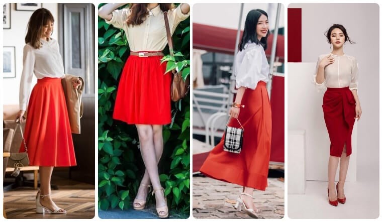 Một chiếc áo sơ mi trắng hoặc blouse trắng kết hợp cùng chân váy midi hoặc chân váy bút chì màu đỏ sẽ tạo nên hình ảnh chỉn chu, hiện đại nhưng không hề cứng nhắc. 