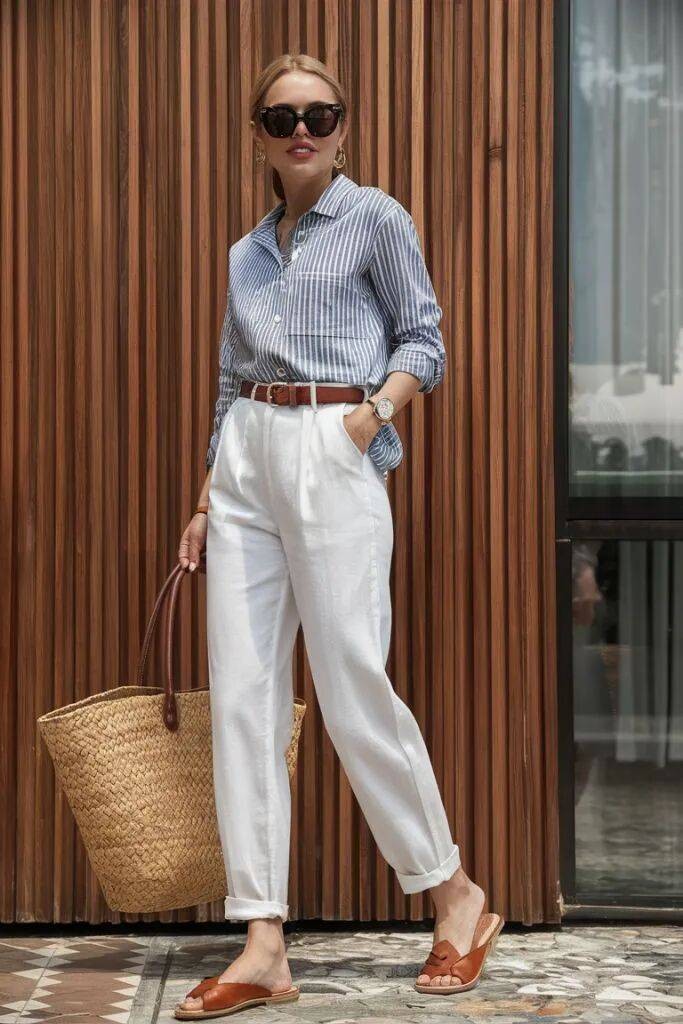 Nếu muốn làm mới phong cách bằng những gam màu sáng, quần trắng 9 tấc là lựa chọn rất đáng đầu tư. 