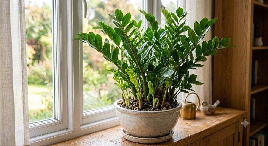 Cây kim tiền được chăm sóc đúng cách sẽ liên tục ra chồi mới và giữ màu lá xanh bóng.