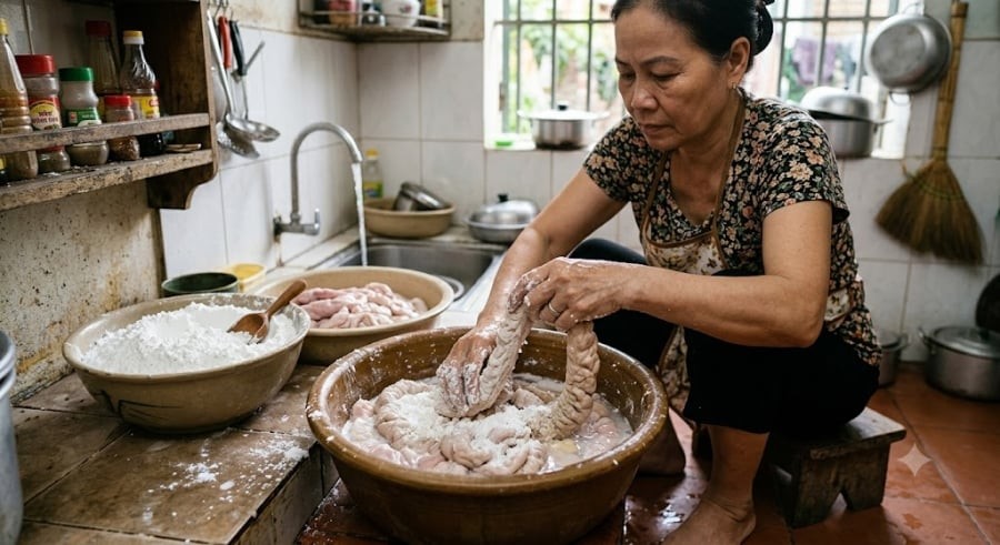 Nhiều người thường có thói quen dùng muối hạt và giấm để bóp lòng, nhưng cách này dễ làm lòng bị dai và vẫn còn bám vệt nhờn. Bí quyết ở đây chính là bột ngô (hoặc bột mì).

