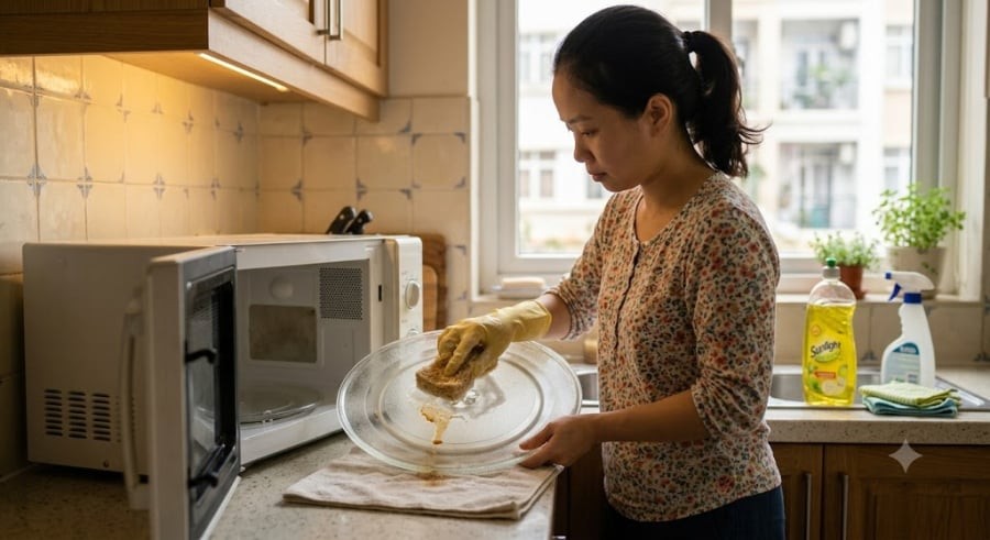 Quay lò ở nhiệt độ cao trong khoảng 5 phút. Hơi giấm bốc lên sẽ bóc tách các vết mỡ bám trên thành lò, giúp việc lau chùi trở nên dễ dàng hơn bao giờ hết.