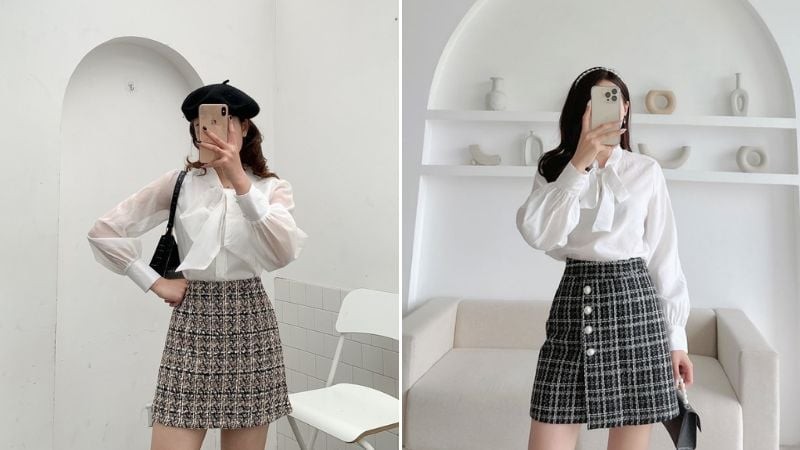 Không chỉ dành riêng cho mùa lạnh, những mẫu chân váy tweed dáng ngắn với màu sắc tươi sáng cũng được nhiều tín đồ thời trang lựa chọn trong những ngày thời tiết mát mẻ.

