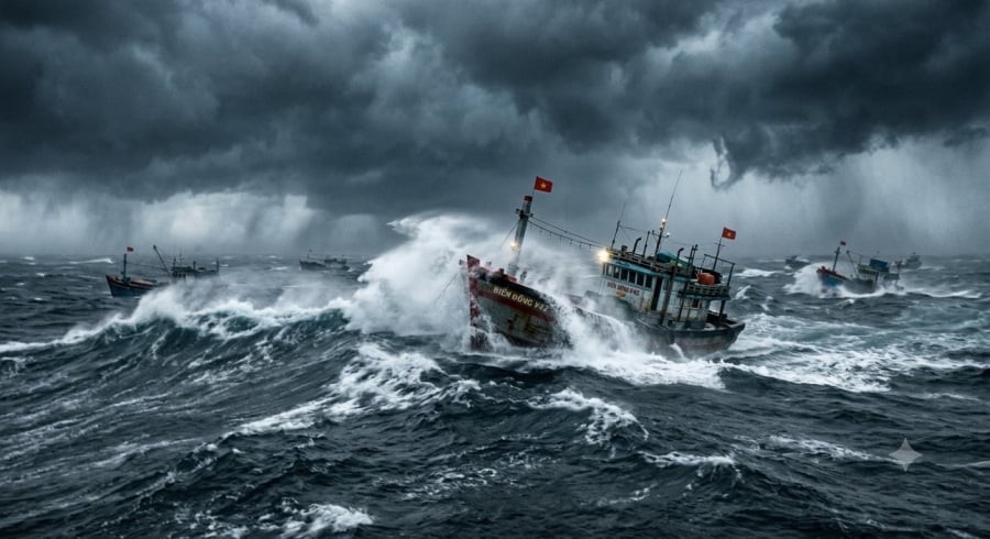 Tàu thuyền cần chủ động phòng tránh khi hoạt động trong vùng biển nguy hiểm do áp thấp nhiệt đới. Ảnh minh hoạ AI