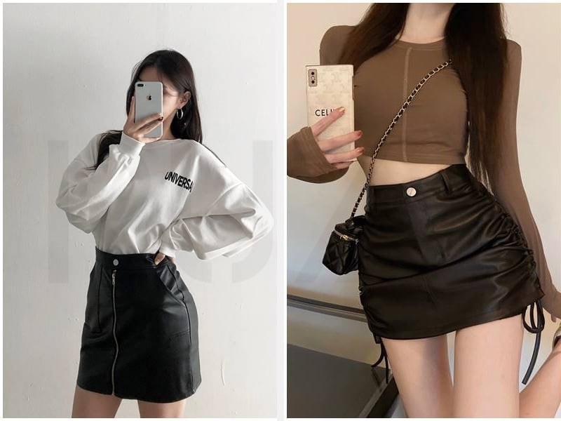 Nếu muốn tạo sự khác biệt, chân váy da mini là lựa chọn giúp bộ trang phục trở nên nổi bật hơn.

