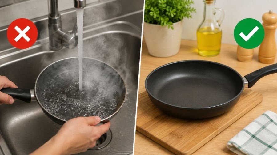 Chảo đang nóng mà rửa ngay có thể gây sốc nhiệt, không tốt cho chảo nhất là chảo chống dính
