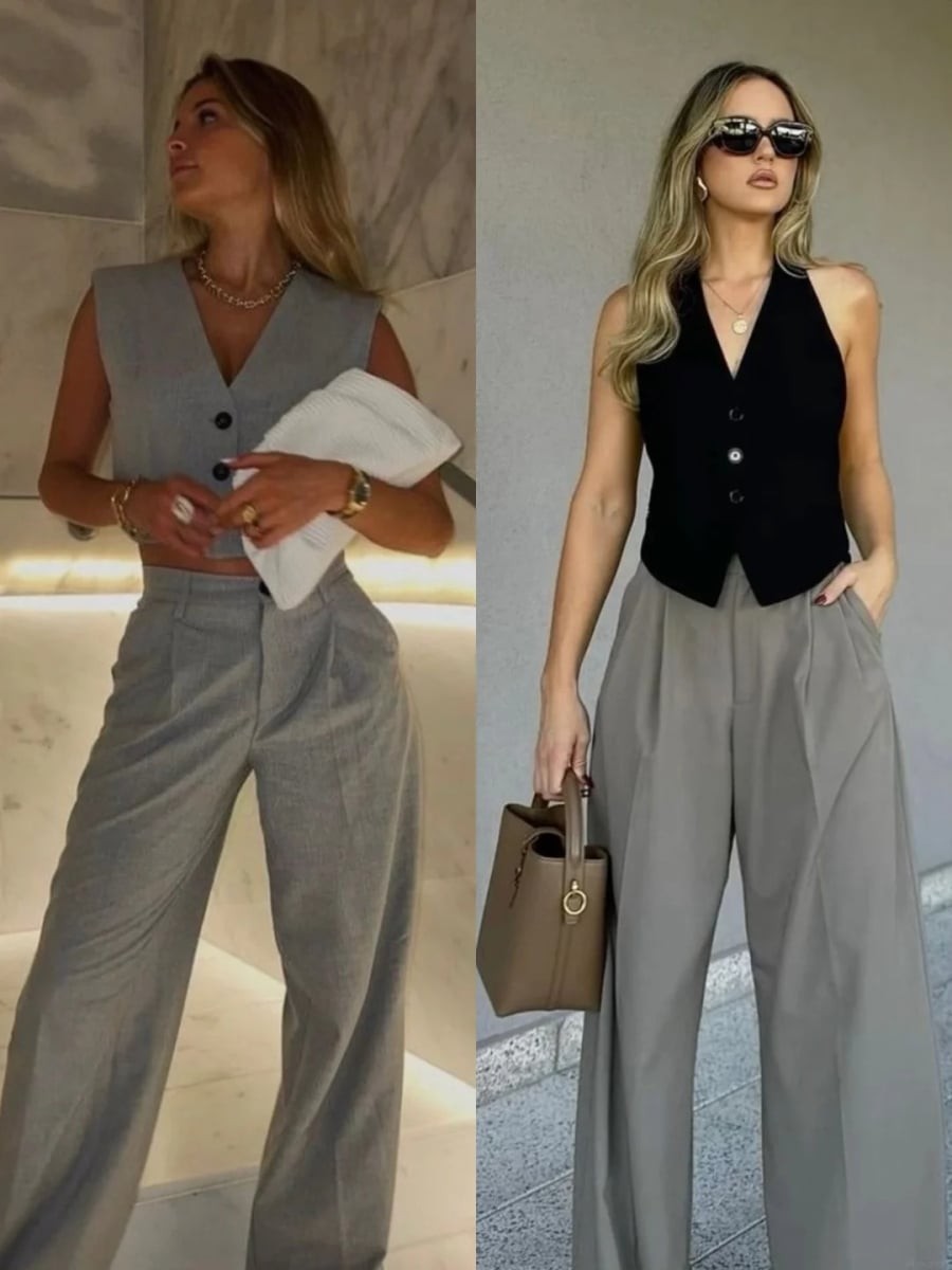 Quần xám có thể kết hợp cùng áo ghi sáng, xám bạc hoặc blazer cùng tông để tạo nên một tổng thể hài hòa.