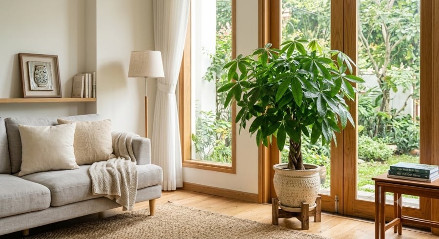 Đặt cây kim ngân ở phòng khách vừa tạo điểm nhấn xanh mát vừa được nhiều người quan niệm là giúp thu hút tài lộc, may mắn.