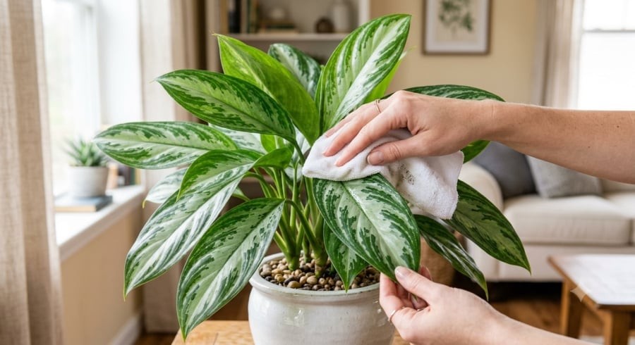 Thường xuyên lau sạch bụi giúp lá ngọc ngân trông sáng bóng và góp phần giữ cây luôn tươi đẹp.