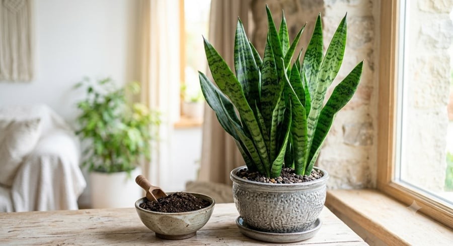 Bổ sung dinh dưỡng vừa phải kết hợp ánh sáng và tưới nước hợp lý giúp cây lưỡi hổ duy trì sức khỏe, lá cứng cáp.