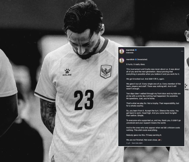 Marc Klok viết tâm thư xúc động sau khi Indonesia dừng bước ở vòng bảng ASEAN Cup 2026. Ảnh: Instagram Marc Klok.