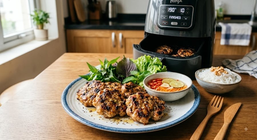 Chỉ dùng nước cốt hành sả ướp thịt sẽ giúp chả không bị cháy đốm đen khi nướng bằng nồi chiên không dầu.