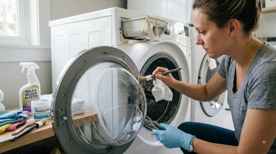 Gioăng cao su và khay đựng bột giặt là hai vị trí dễ bị bỏ quên khi vệ sinh máy giặt.